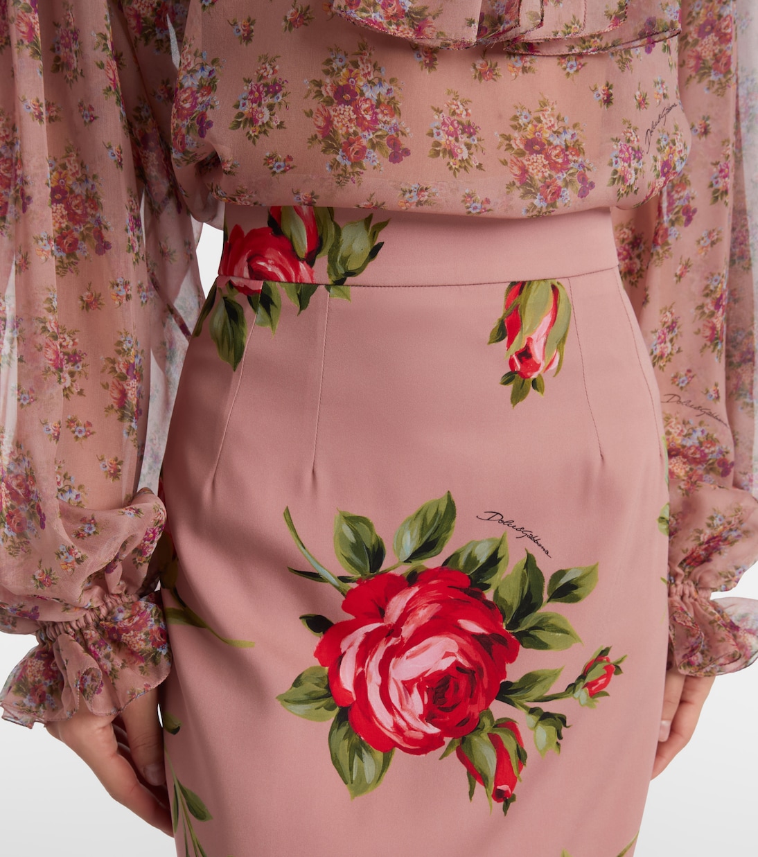 Gonna midi in misto seta con stampa floreale | Dolce&Gabbana