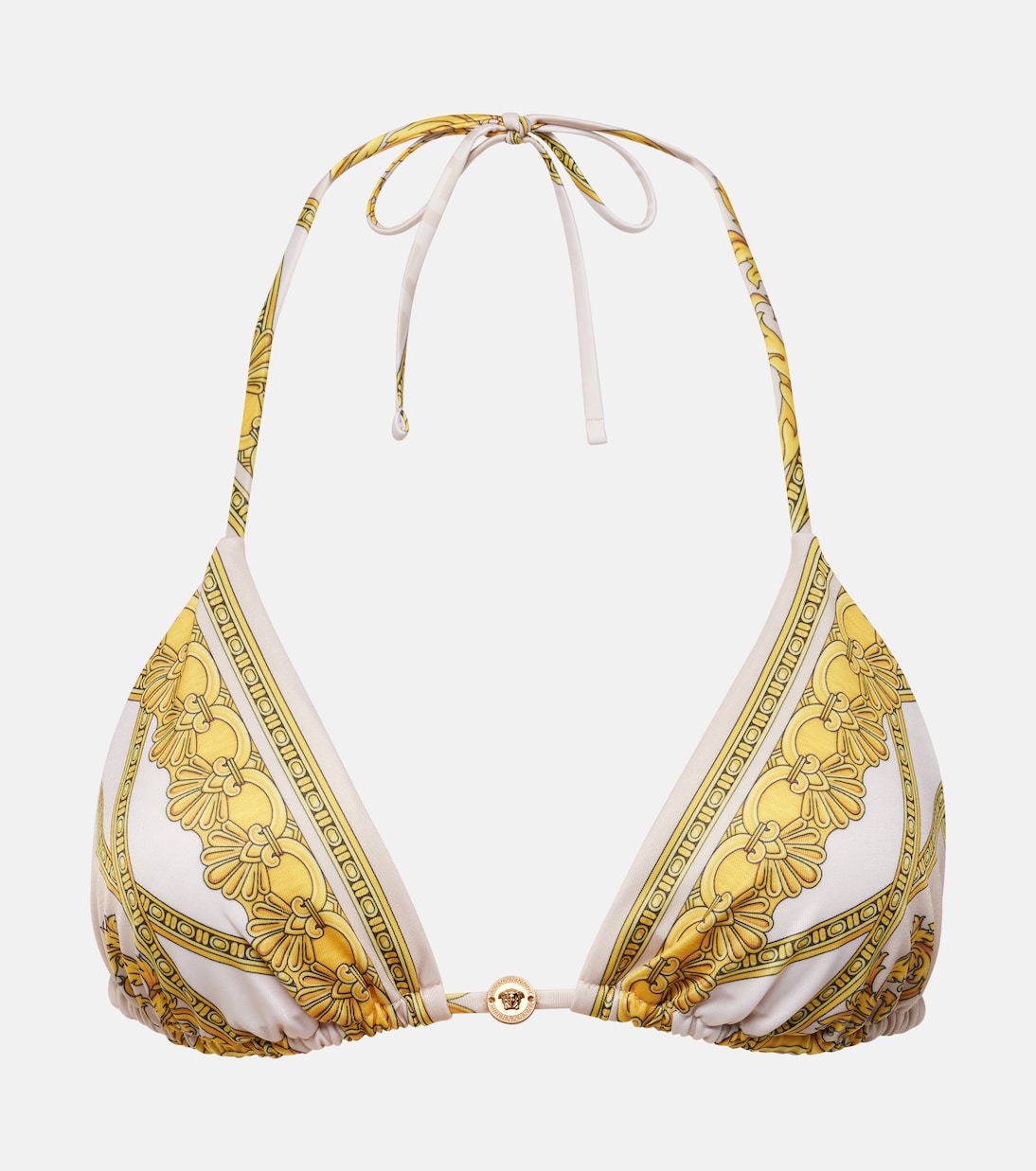 Printed bikini top in beige Versace Mytheresa