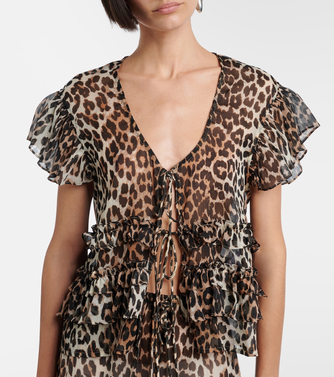 Leopard-print ruffled chiffon blouse | Ganni