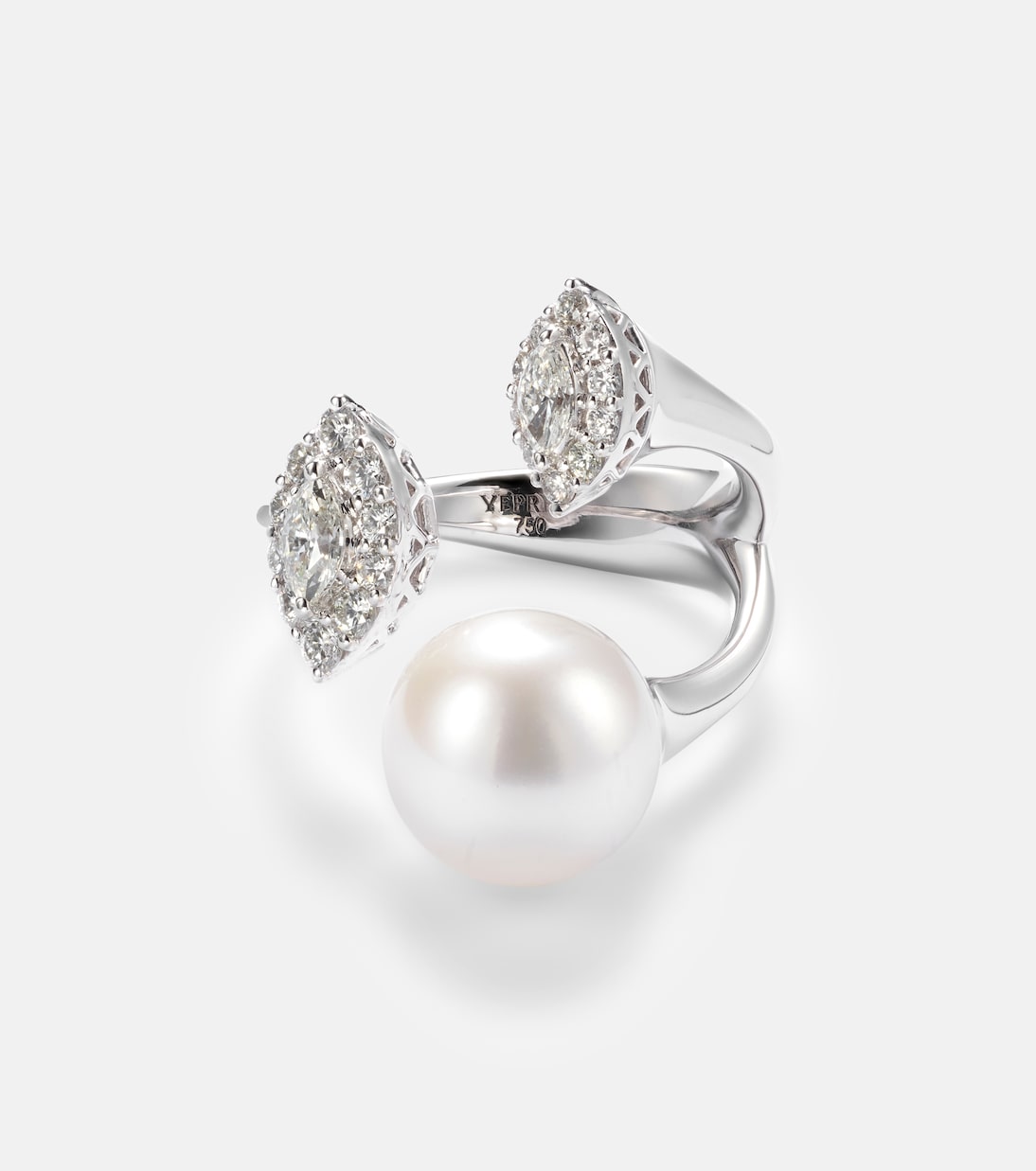 Pearlescent 18kt white gold ring with diamonds and pearl | Yeprem