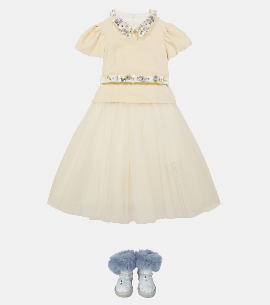 Cotton velvet-panel tulle dress | Monnalisa
