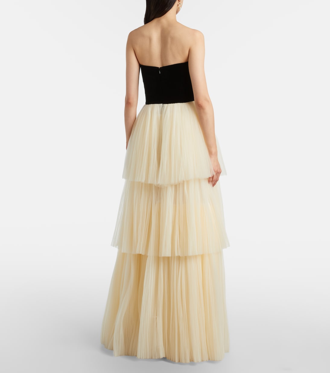 Plissé velvet-trimmed tulle gown | Costarellos