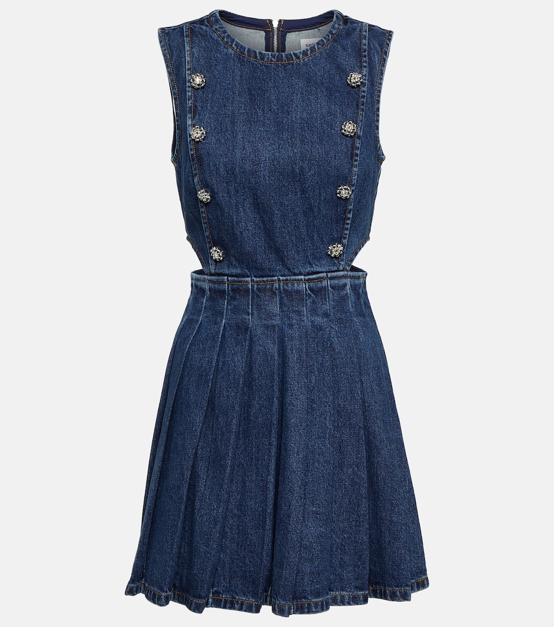 Pleated cutout denim minidress | Self-Portrait