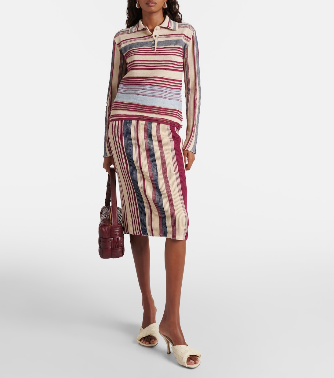 Jupe midi rayée en lin et coton | Bottega Veneta