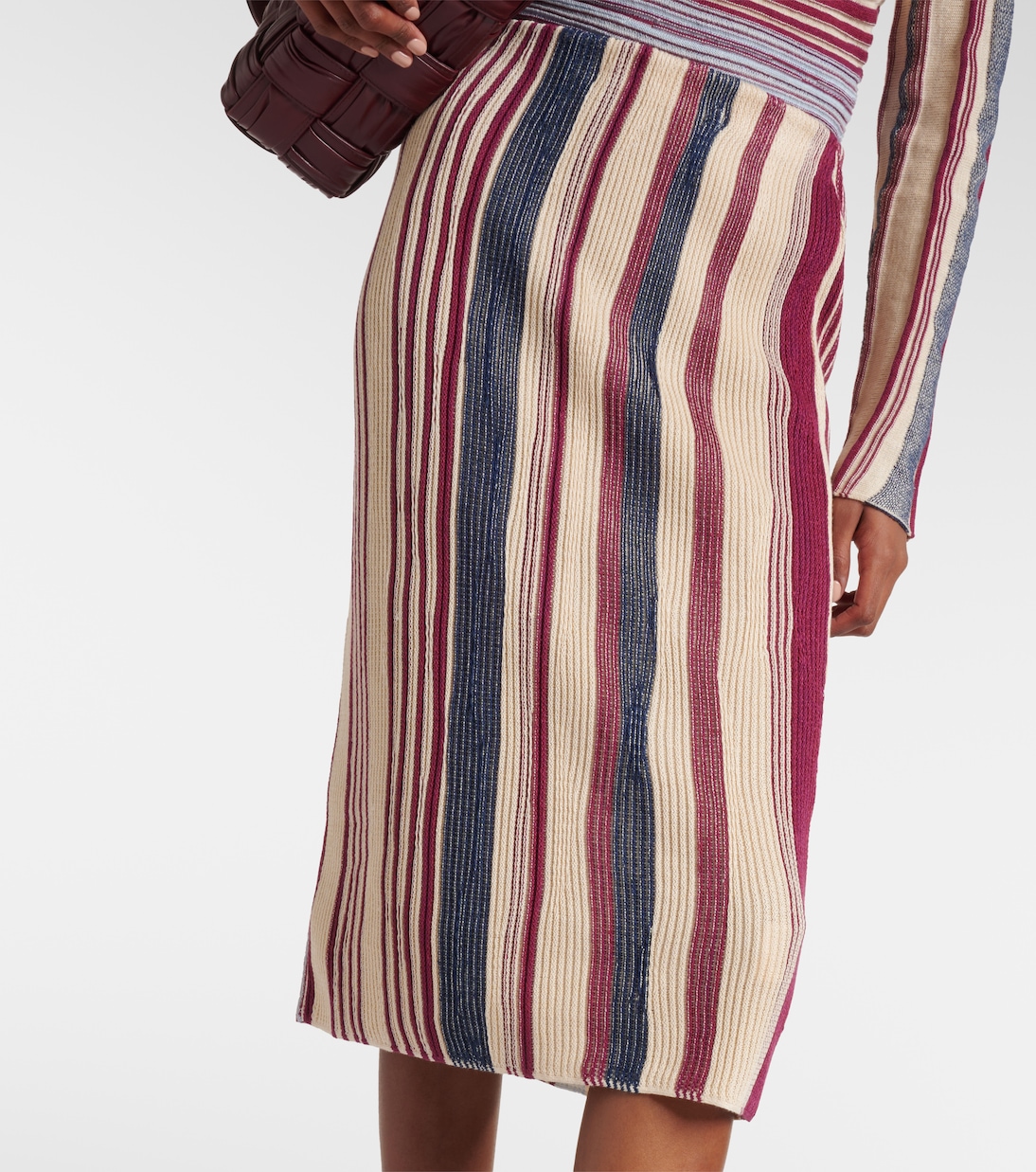 Jupe midi rayée en lin et coton | Bottega Veneta