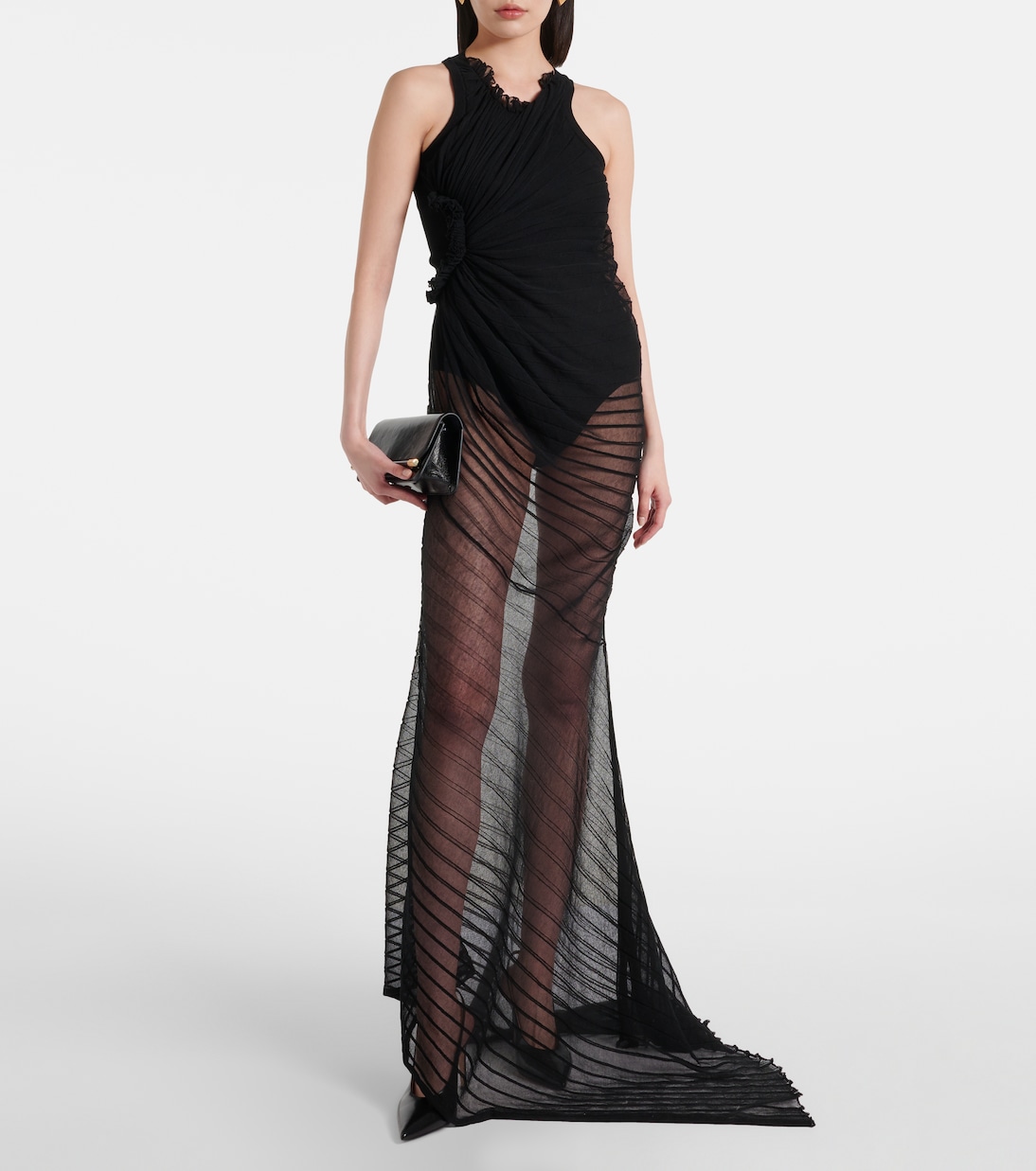 Abito lungo in tulle trasparente arricciato | Victoria Beckham