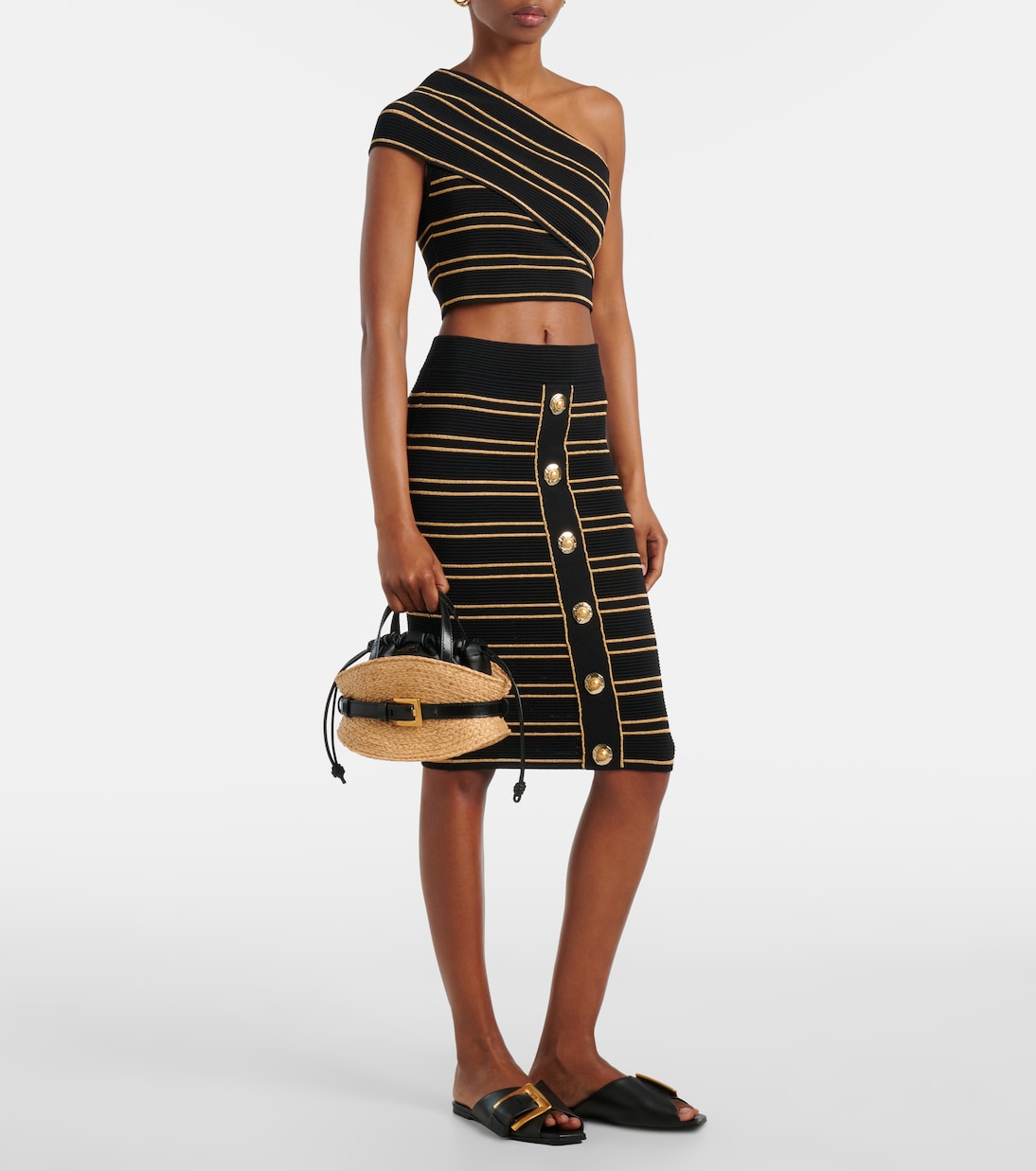 Bolso Shuffle Mini de rafia con piel  | Balmain