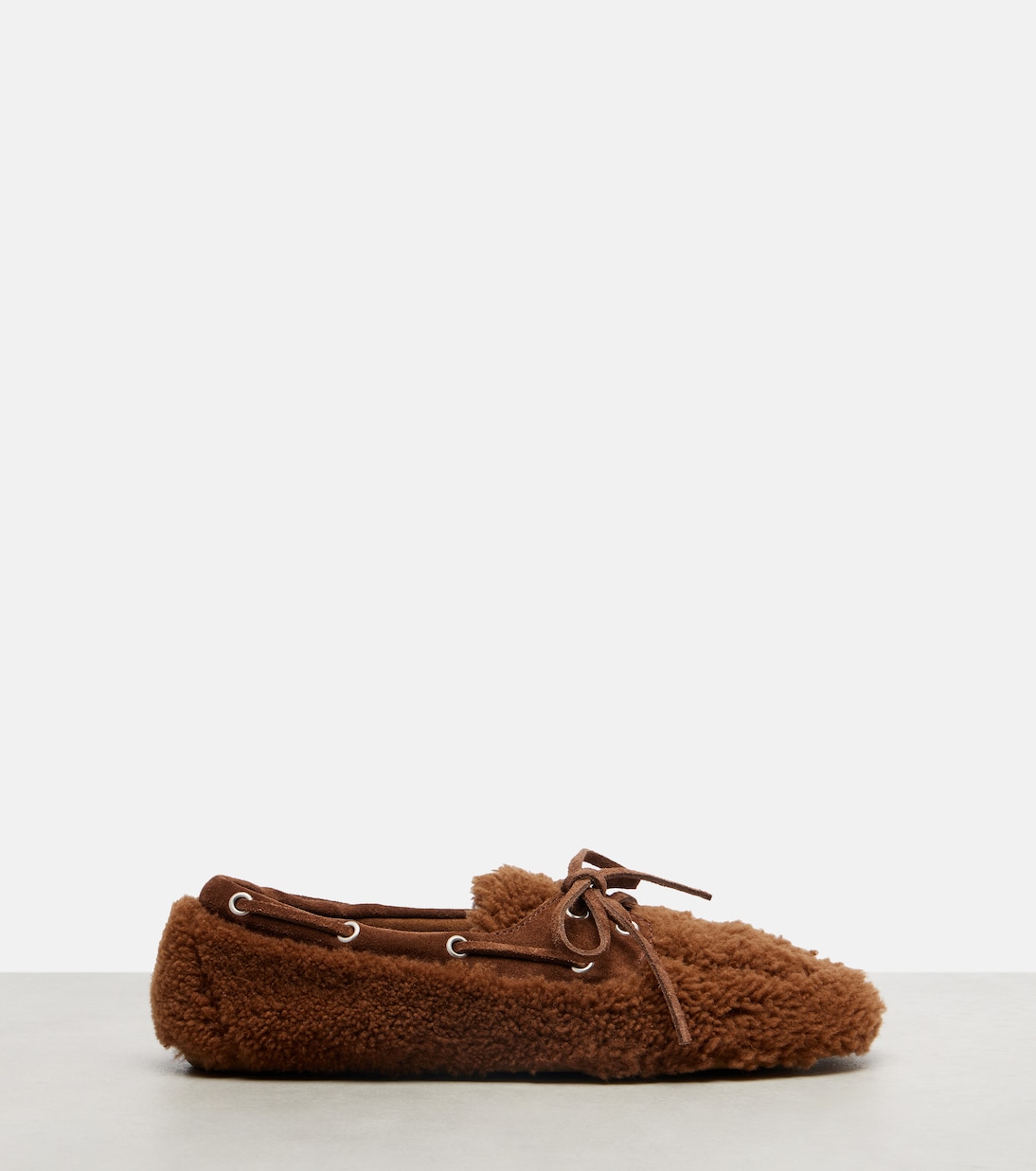 Suede-trimmed shearling boat shoes | Miu Miu