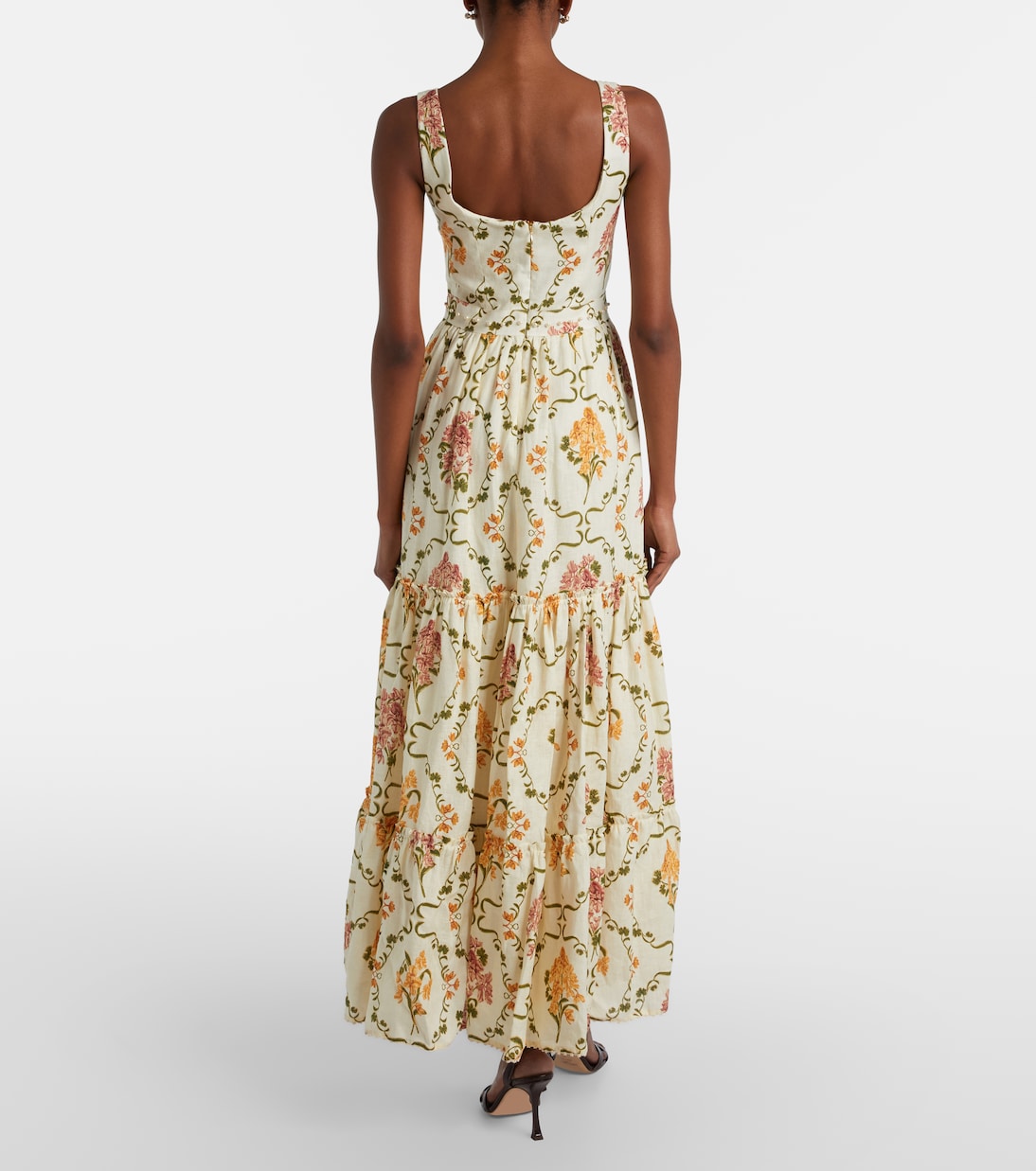 Vestido largo Azulejo de lino floral adornado | Agua by Agua Bendita