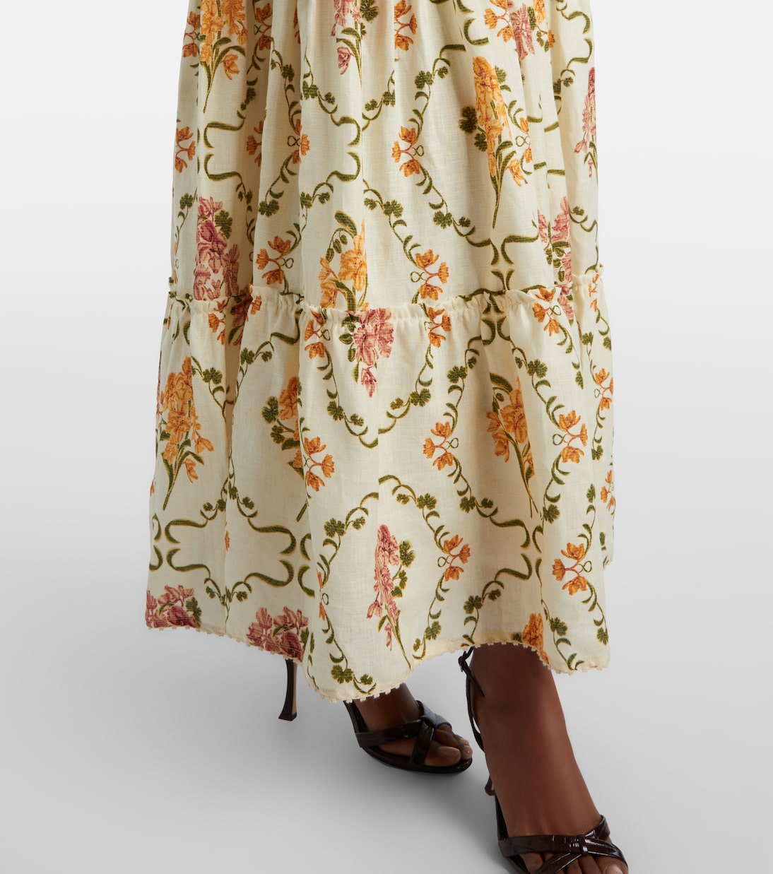 Vestido largo Azulejo de lino floral adornado | Agua by Agua Bendita