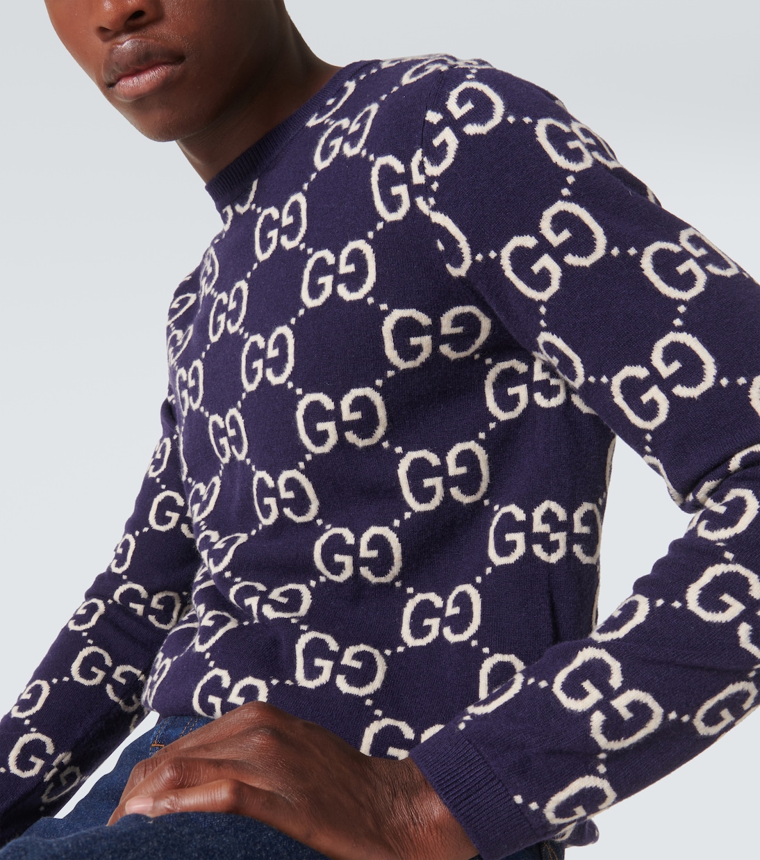 GG jacquard wool sweater in blue Gucci Mytheresa