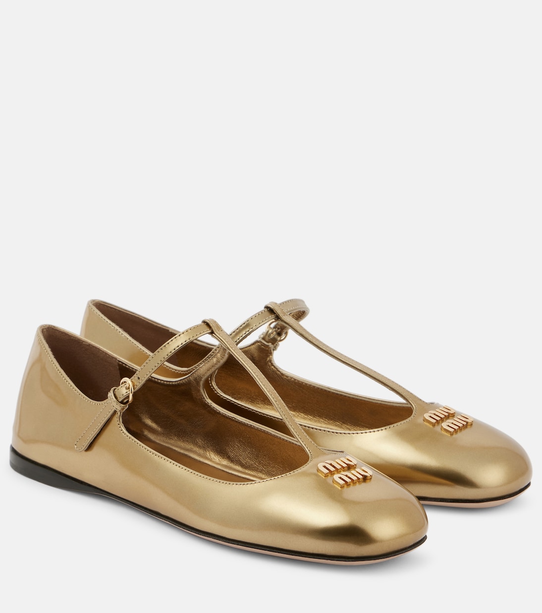 Ballerine in pelle metallizzata con logo | Miu Miu
