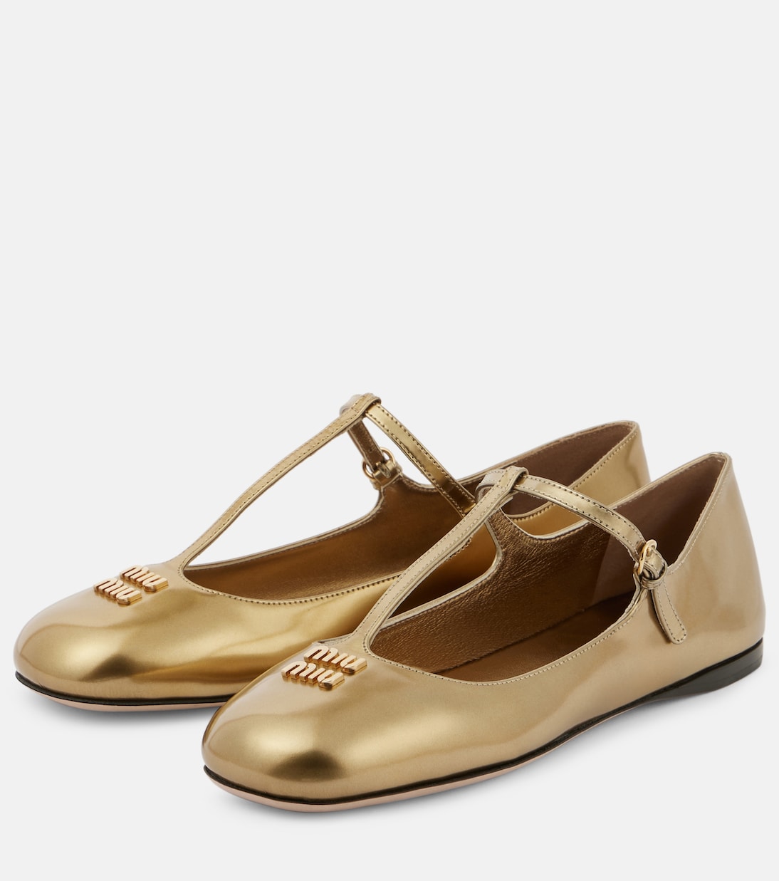 Ballerine in pelle metallizzata con logo | Miu Miu