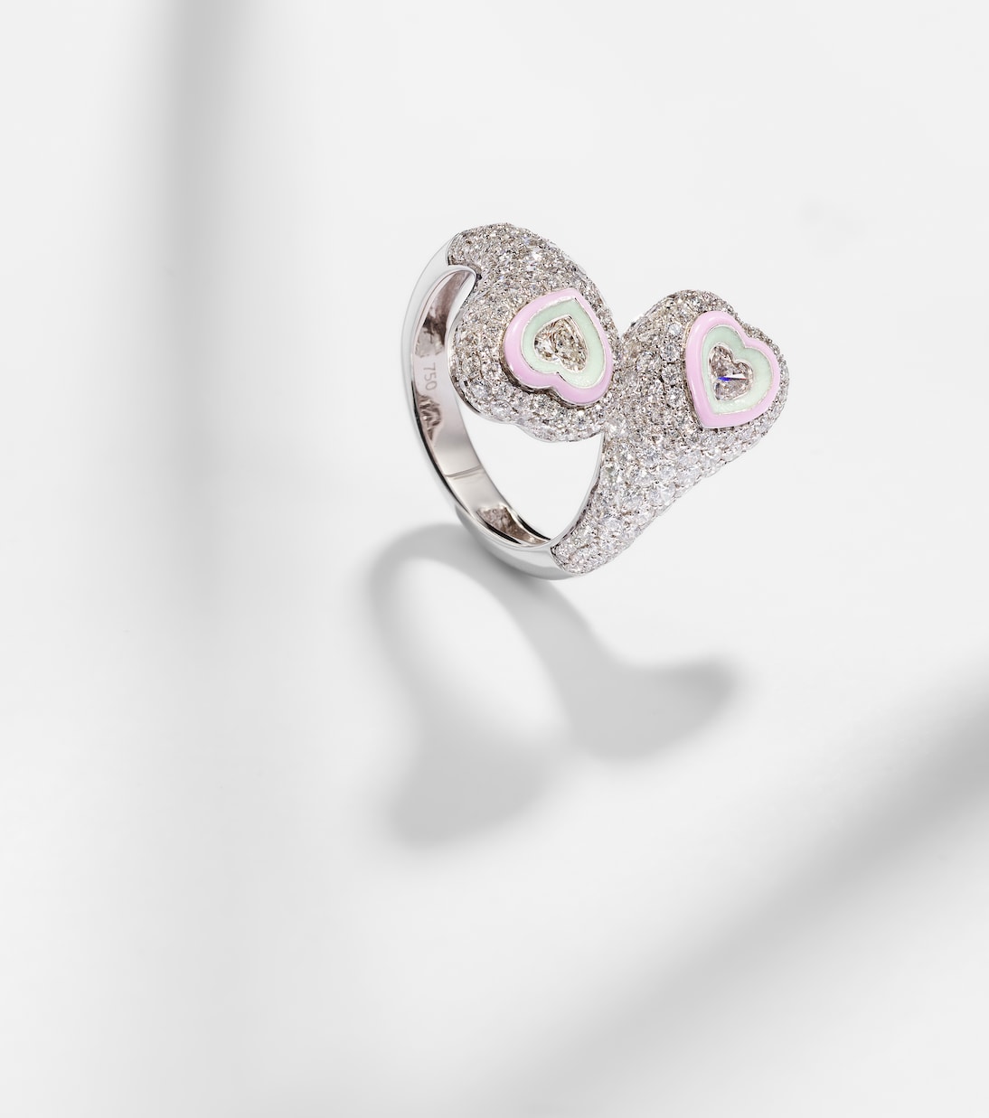 Anello Gemini Heart in oro bianco 18kt e smalto con diamanti | Kamyen