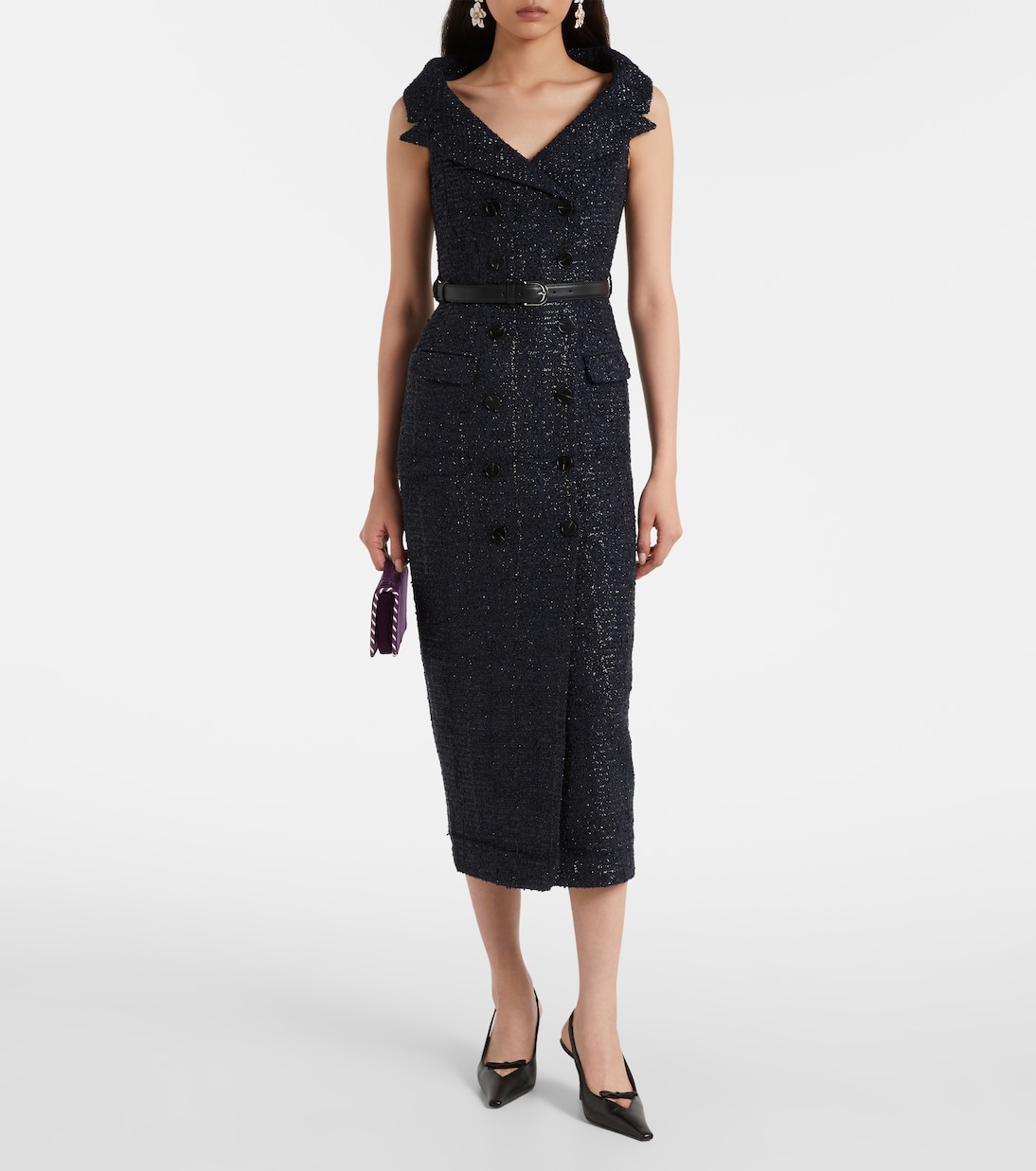 Belted bouclé midi dress | Self-Portrait