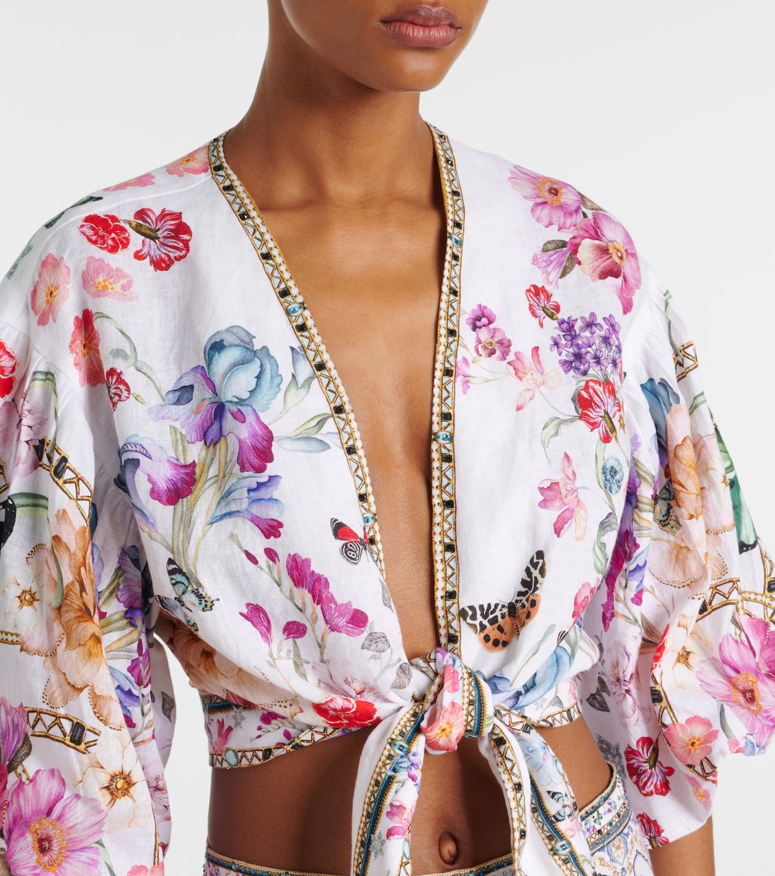 Top cropped in lino con stampa floreale | Camilla