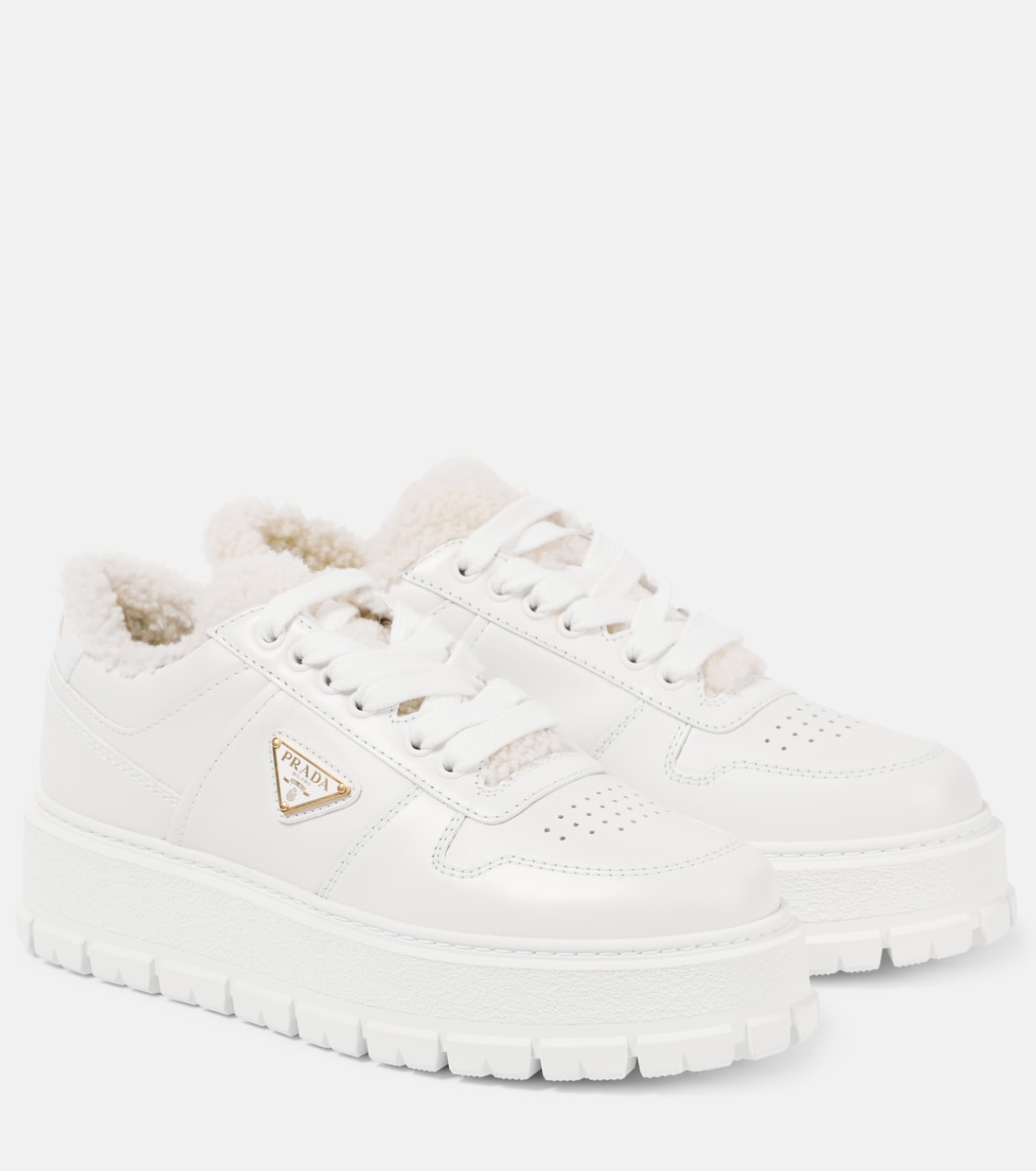 Plateau Sneakers aus Leder mit Shearling in WeiB Prada Mytheresa