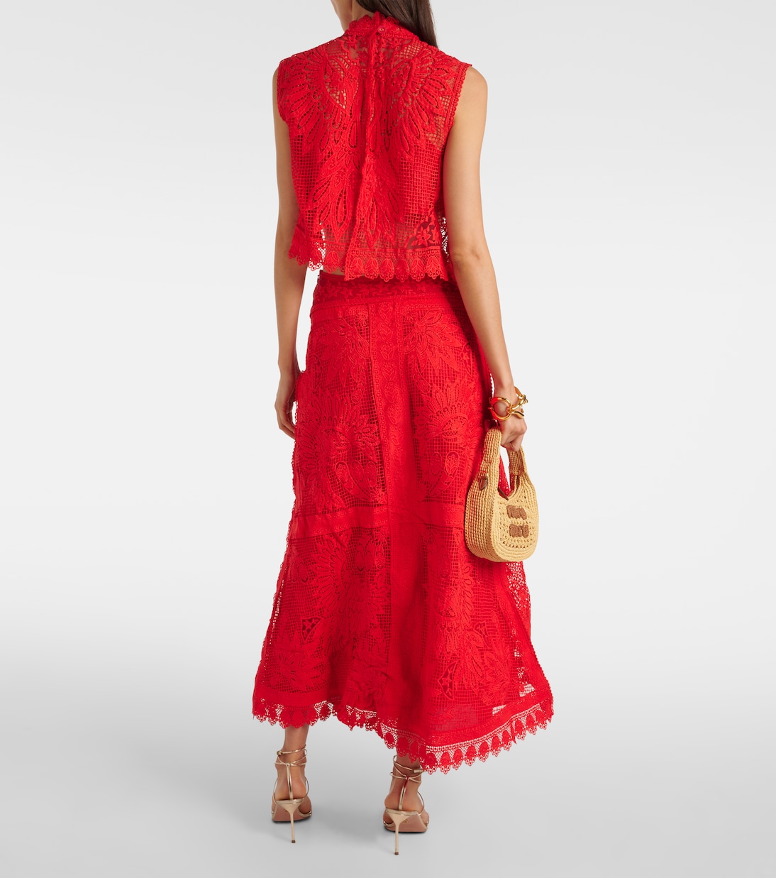 Red Toucan guipure lace midi skirt | Farm Rio