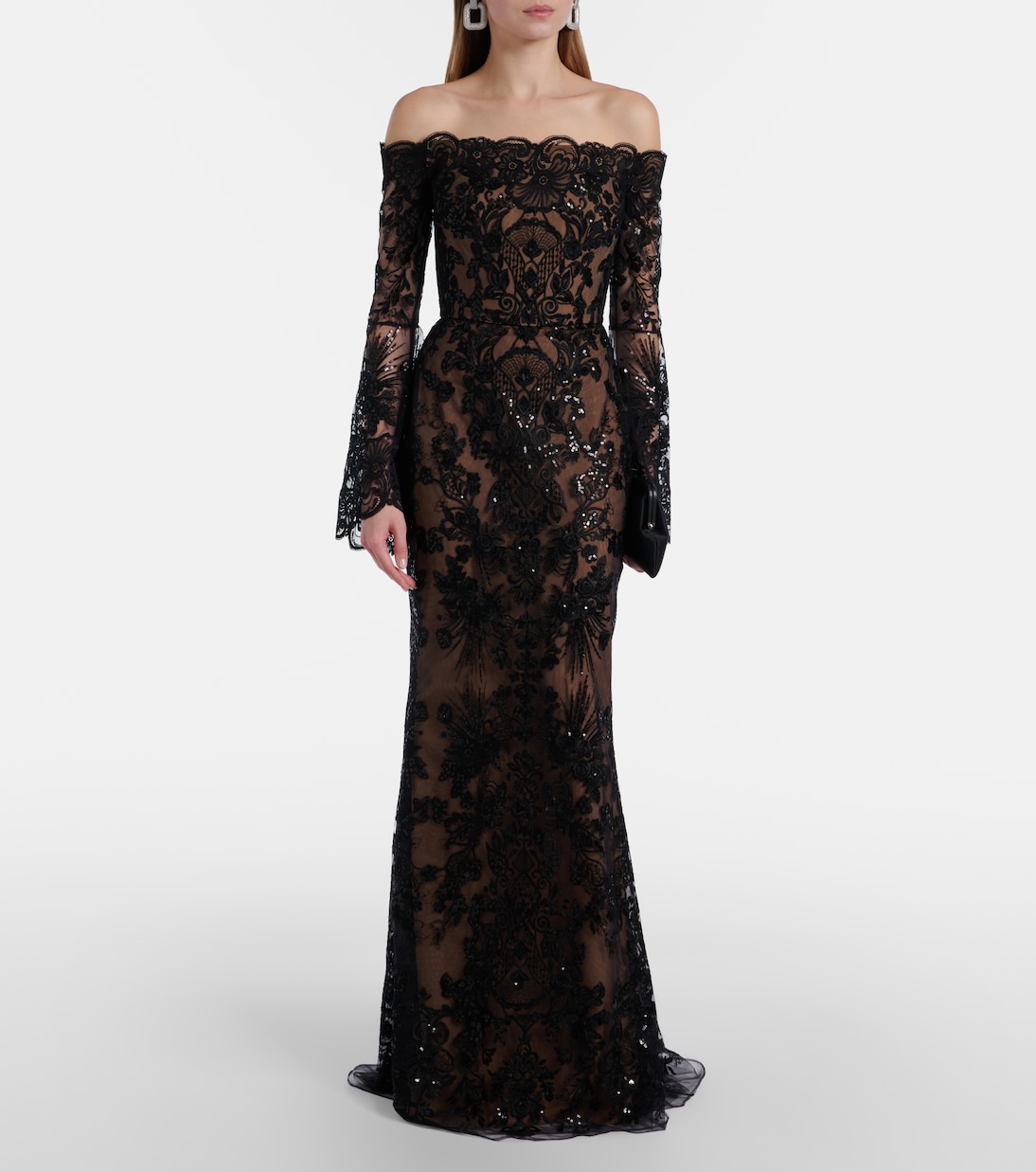 Sequined off-shoulder lace gown | Elie Saab