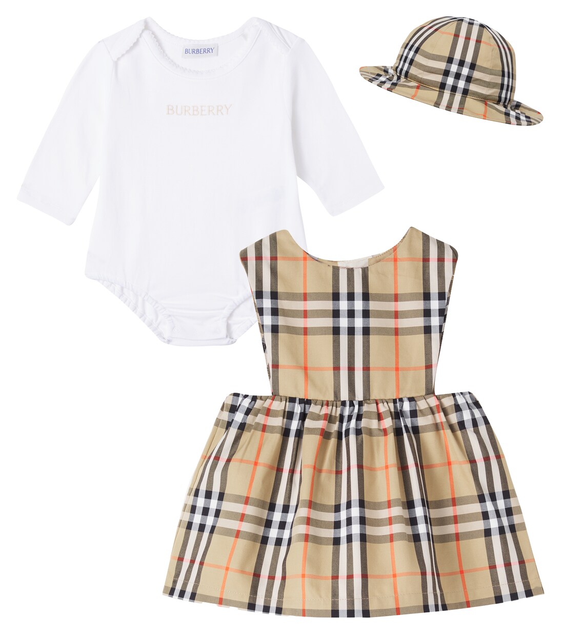 Baby cotton bodysuit, bucket hat, and dress set | Burberry Kids