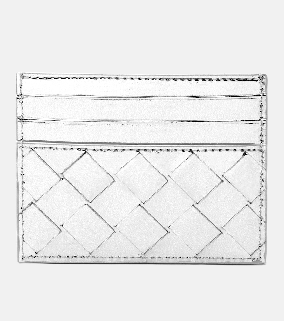 Portafoglio Bottega Veneta in pelle metallizzata con design Intrecciato, perfetto per i giovani.