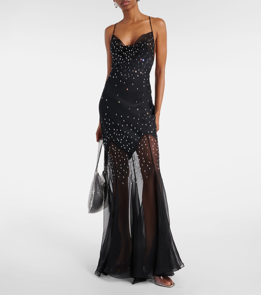 Abito lungo in chiffon con cristalli | Rabanne
