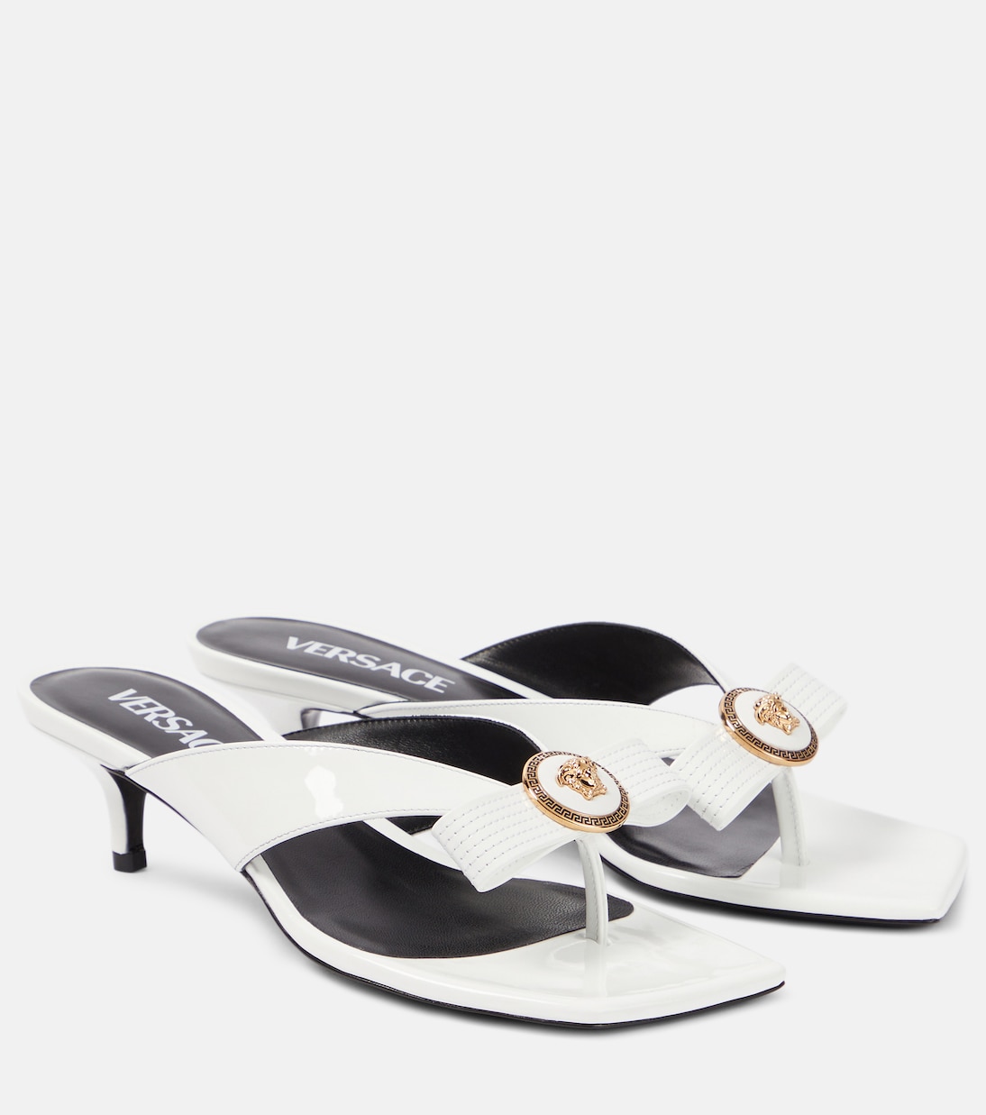 Gianni Ribbon 45 patent leather mules in white Versace Mytheresa