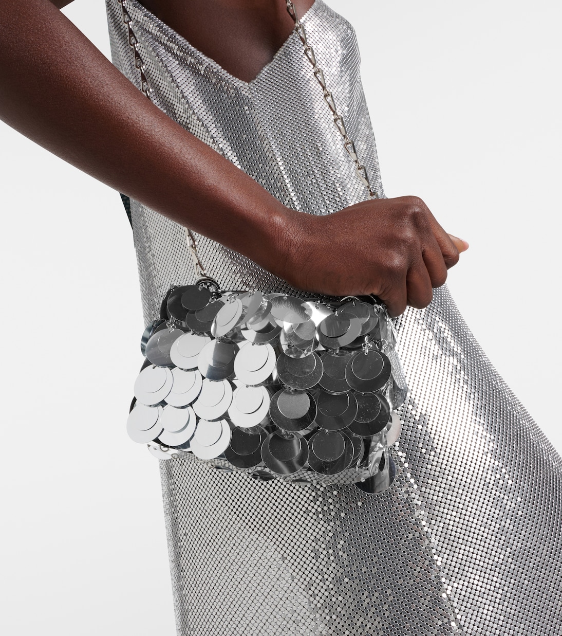 Sparkle Nano sequined shoulder bag in silver Rabanne Mytheresa
