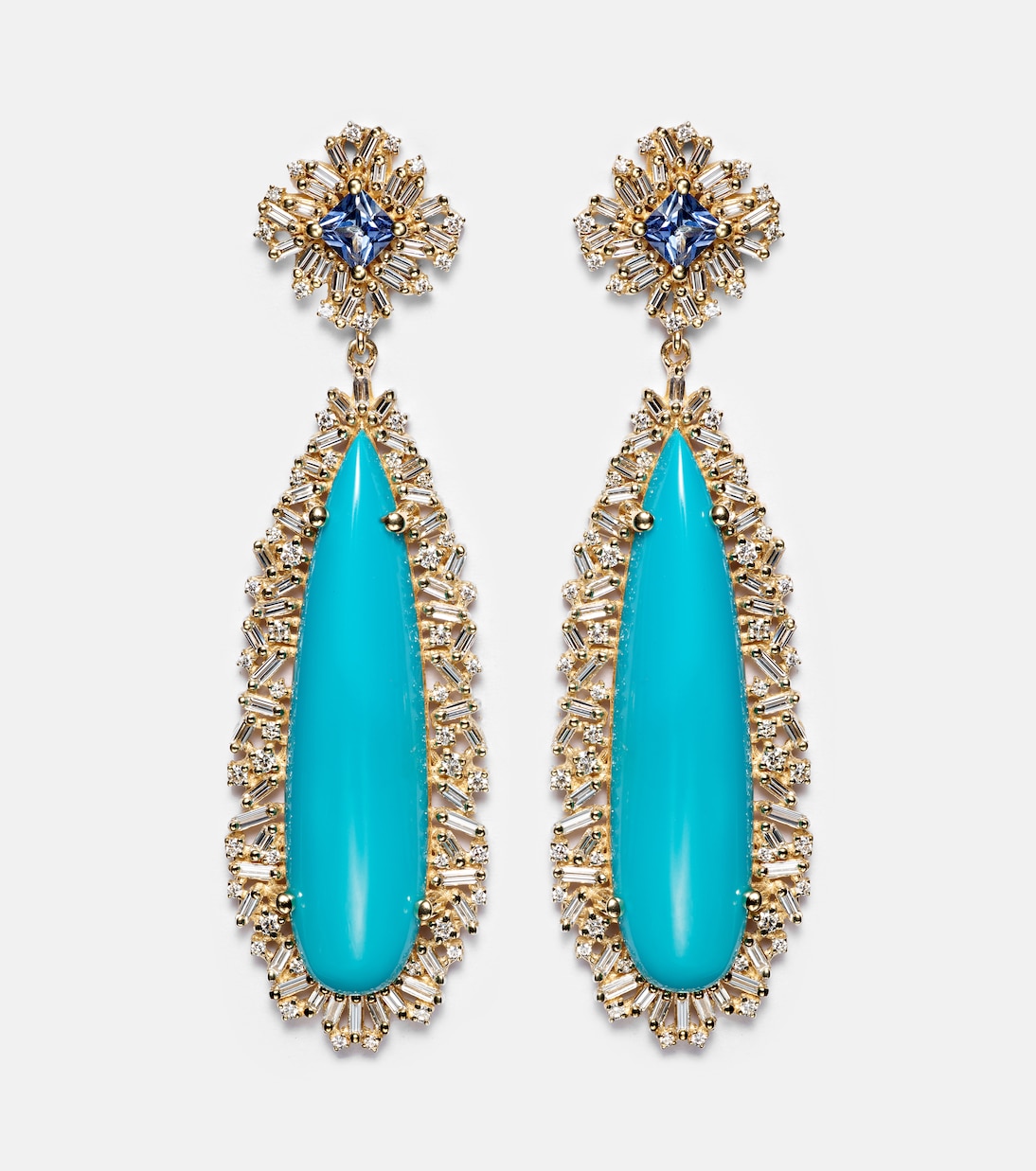 18kt gold drop earrings with sapphires, diamonds and turquoises  | Suzanne Kalan