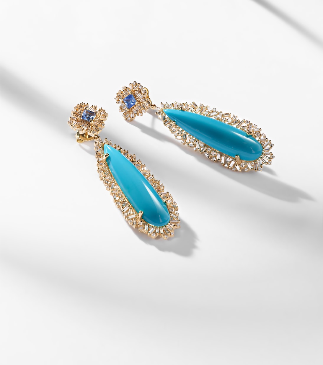 18kt gold drop earrings with sapphires, diamonds and turquoises  | Suzanne Kalan