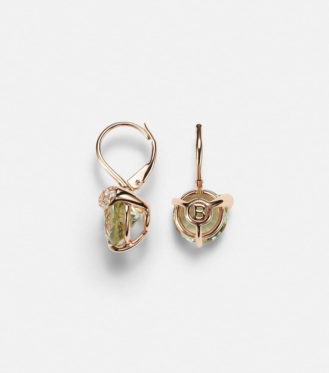 Orecchini clip BUCHERER in oro rosa 18kt con prasiolite e diamanti, design moderno Peekaboo