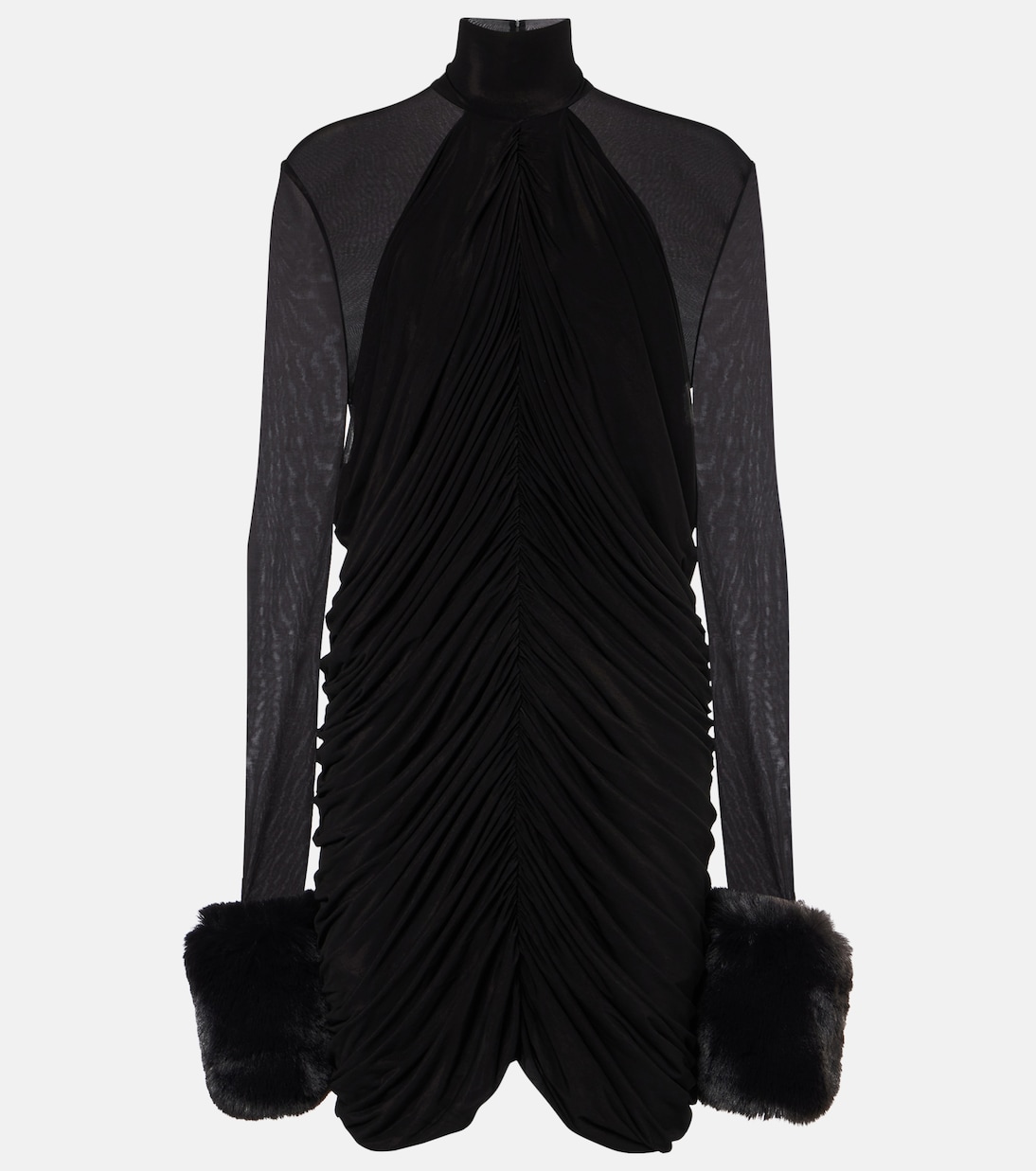 Gathered faux fur-trimmed mesh minidress | Magda Butrym
