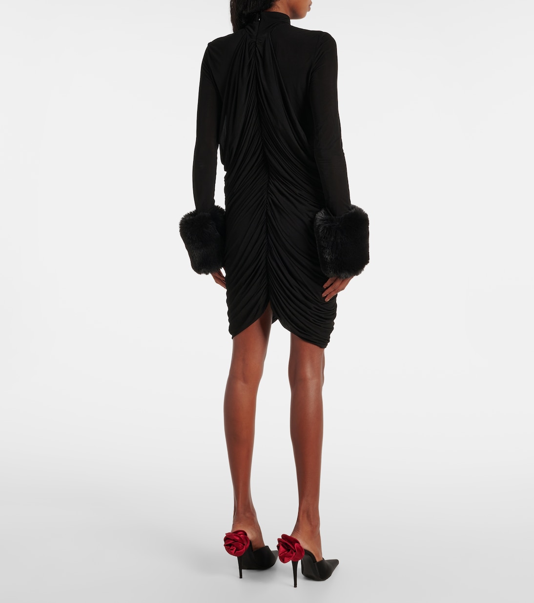 Gathered faux fur-trimmed mesh minidress | Magda Butrym