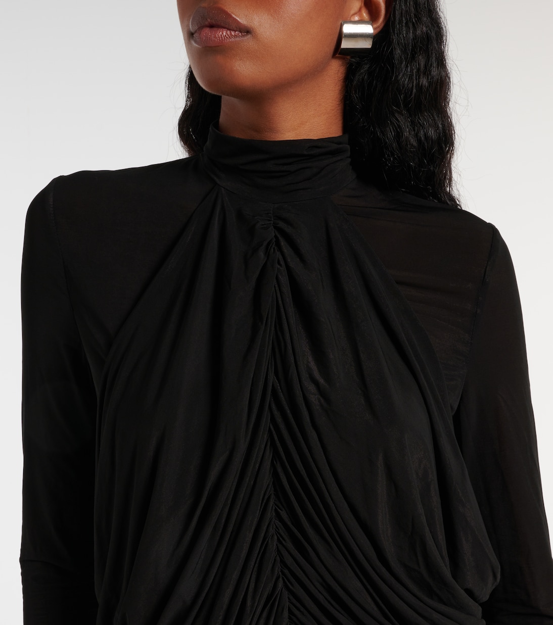 Gathered faux fur-trimmed mesh minidress | Magda Butrym