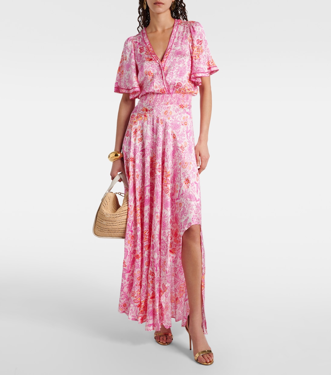 Robe longue Mabelle en satin à fleurs | Poupette St Barth