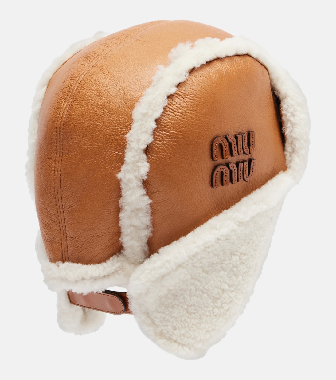 Shearling-trimmed leather hat | Miu Miu