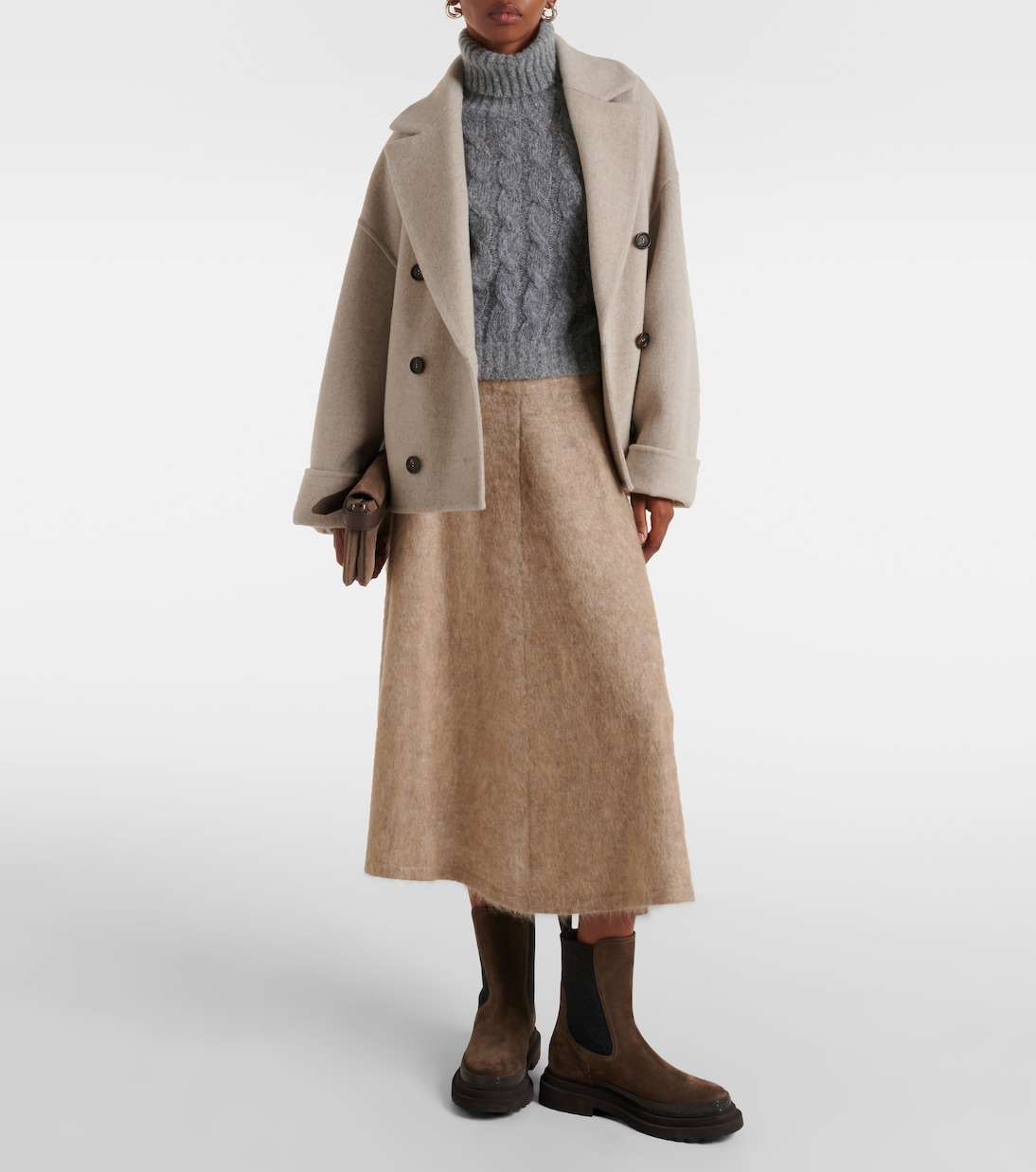 Falda midi de mezcla de lana, mohair y cachemir | Brunello Cucinelli