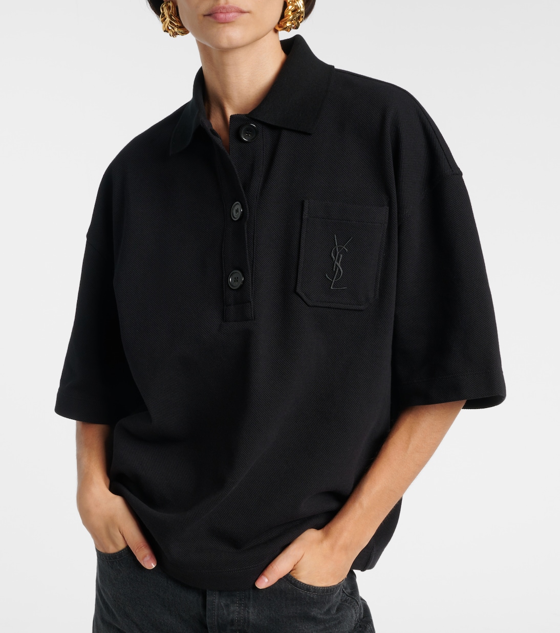 大廓形棉质刺绣Polo衫 | Saint Laurent