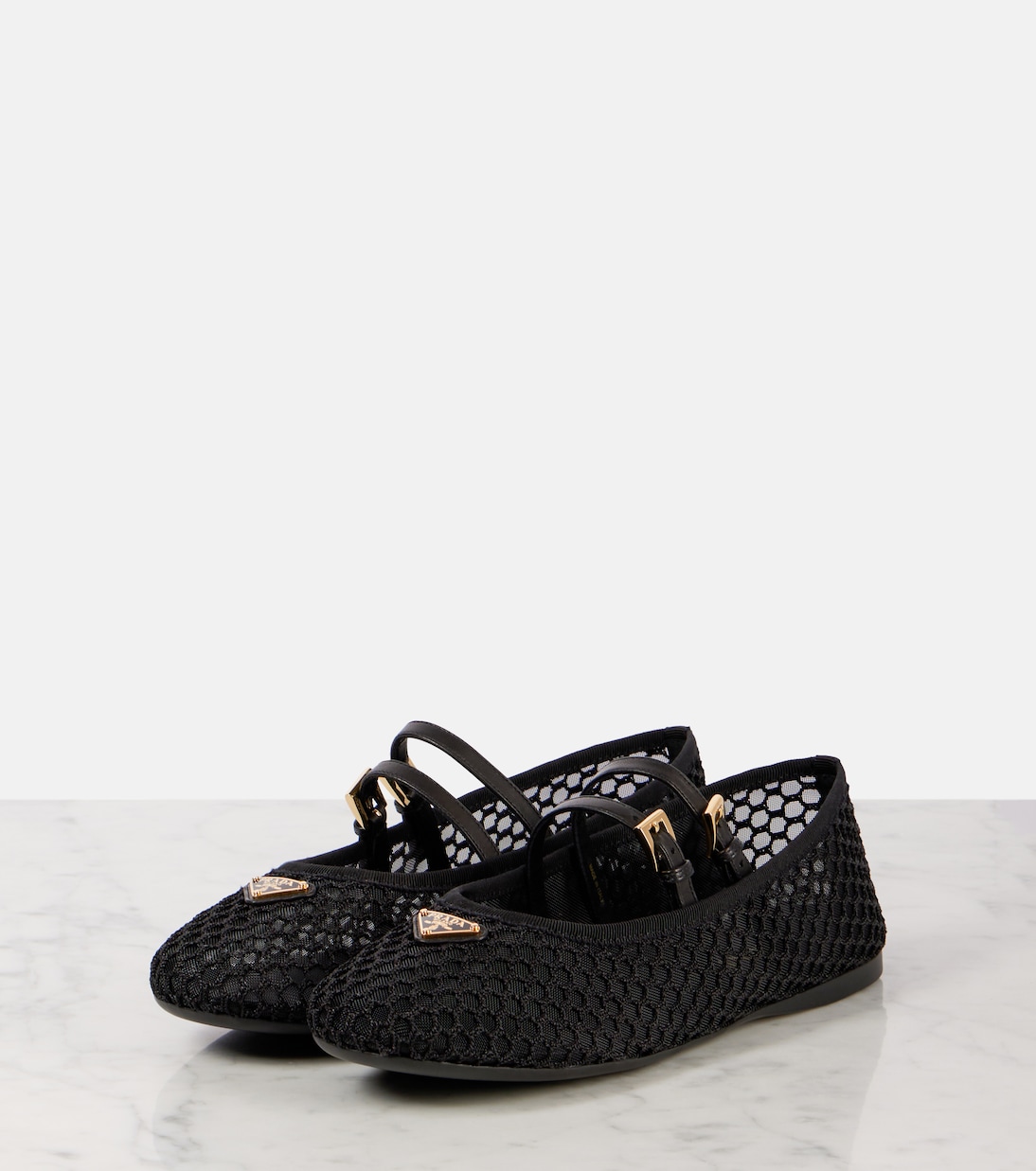 Ballerine in mesh con pelle e logo | Prada