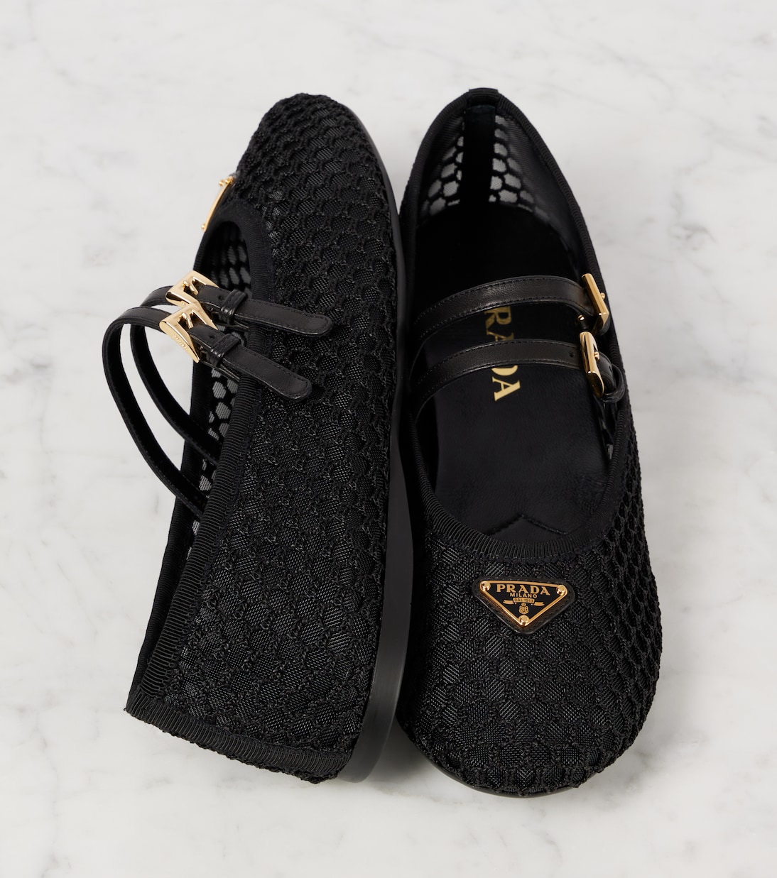 Ballerine in mesh con pelle e logo | Prada