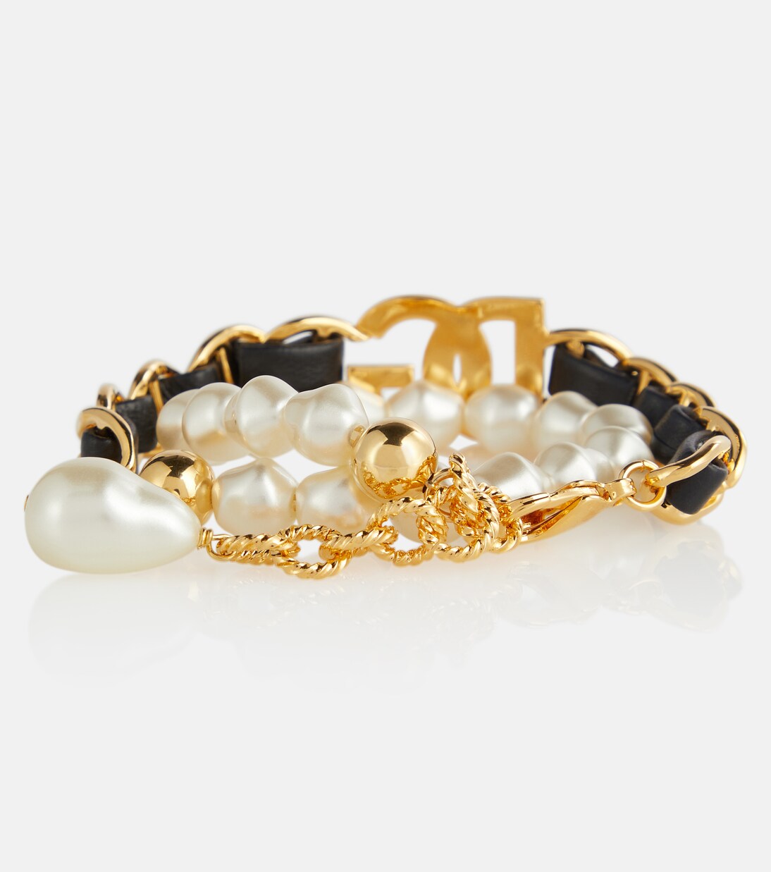 Faux pearl and leather-trimmed chain bracelet | Dolce&Gabbana