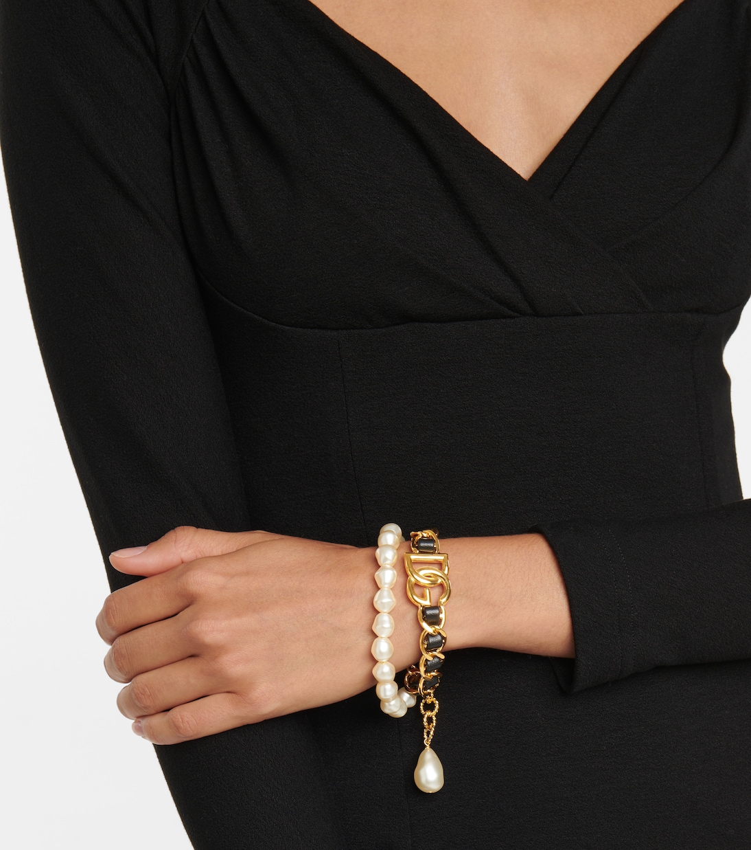 Faux pearl and leather-trimmed chain bracelet | Dolce&Gabbana