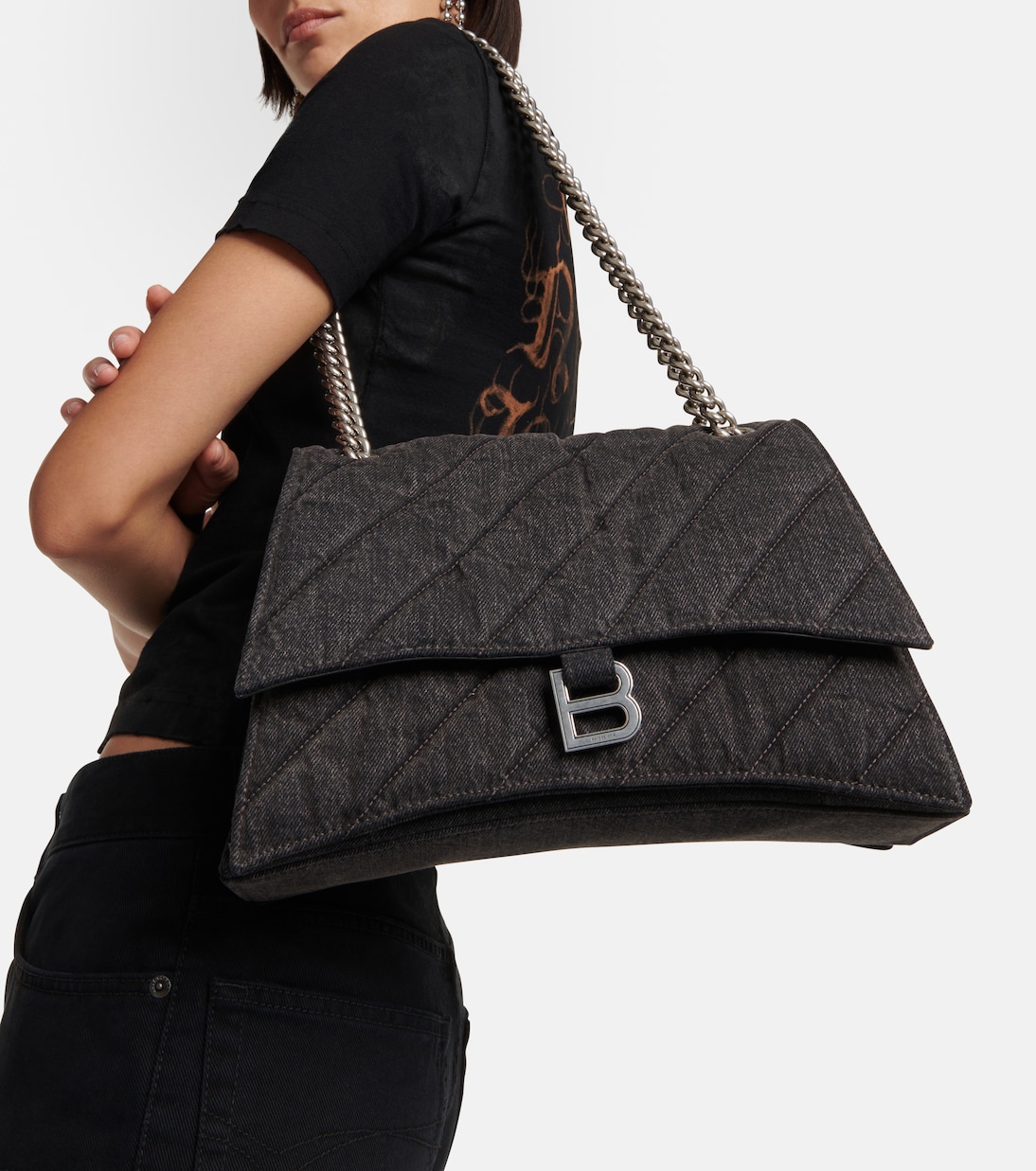 Borsa a spalla Crush Medium in denim | Balenciaga