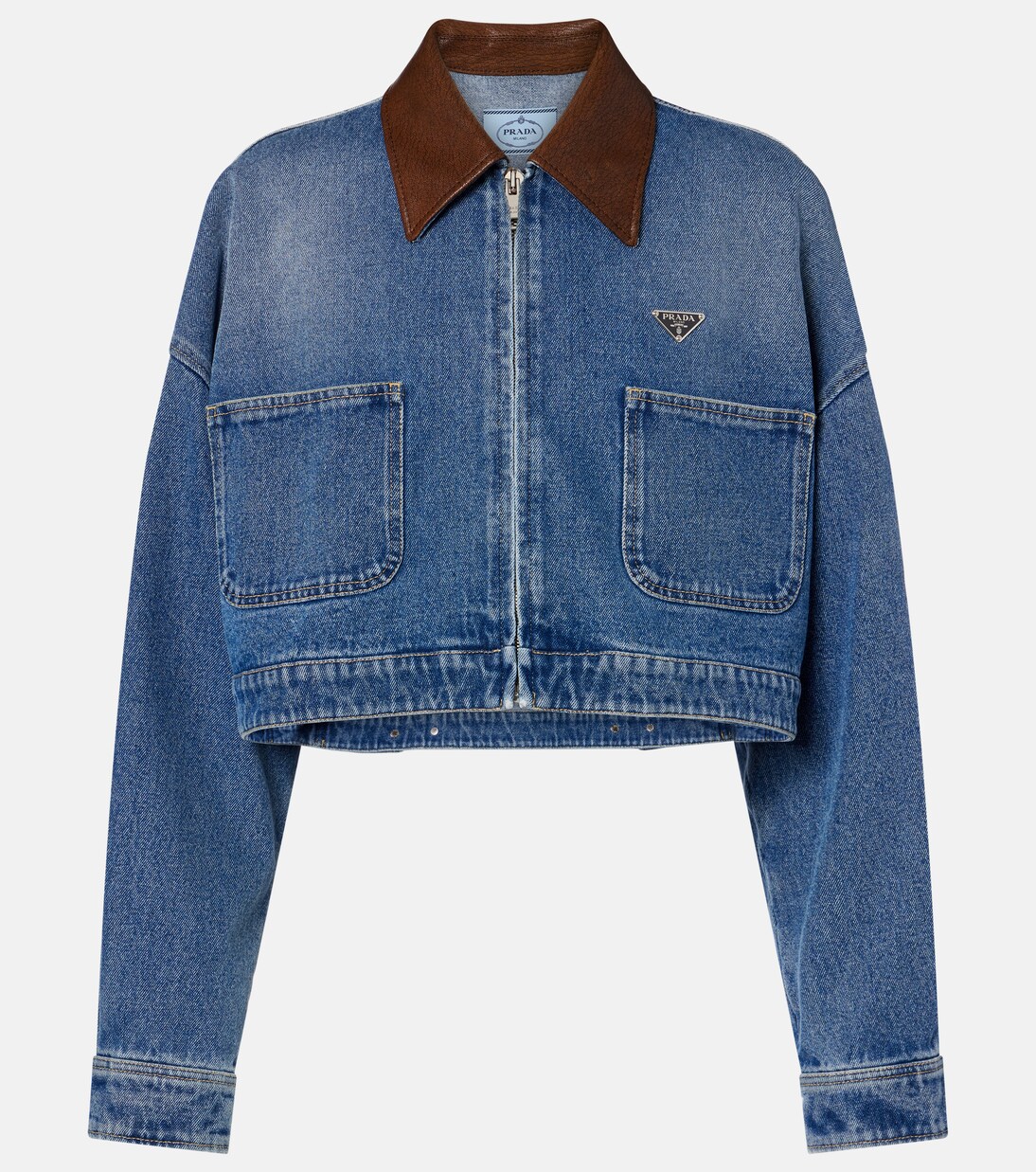 Giacca di jeans cropped con pelle | Prada