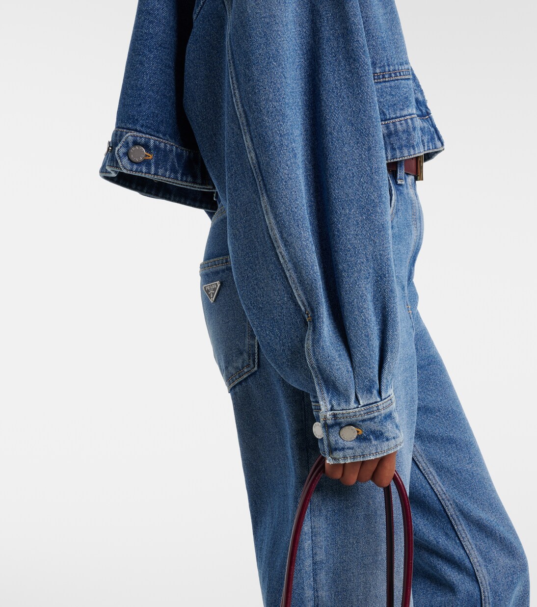 Giacca di jeans cropped con pelle | Prada