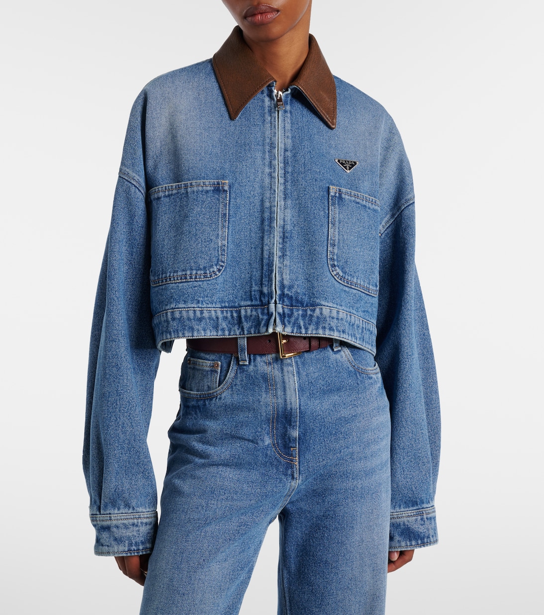 Giacca di jeans cropped con pelle | Prada