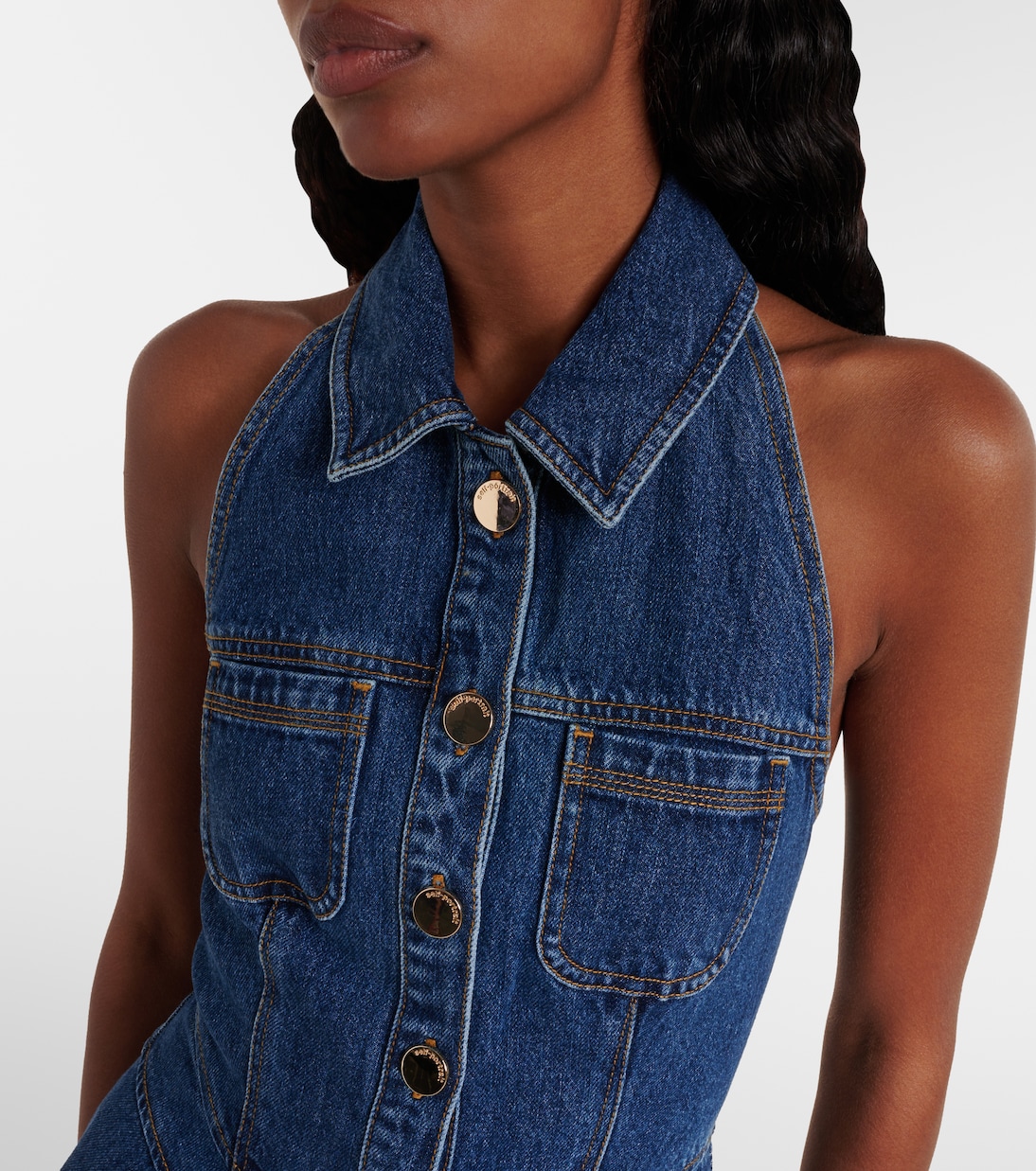 Flared denim midi dress | Self-Portrait