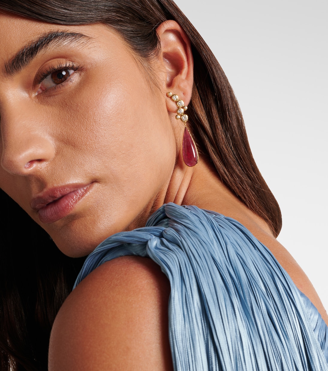 Floating Nesting Gem 18kt gold drop earrings with diamonds and rubellites | Octavia Elizabeth