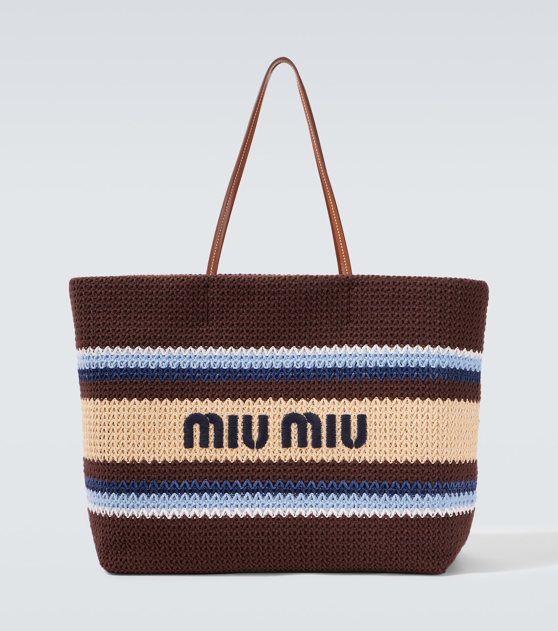 Logo striped raffia-effect shopper | Miu Miu