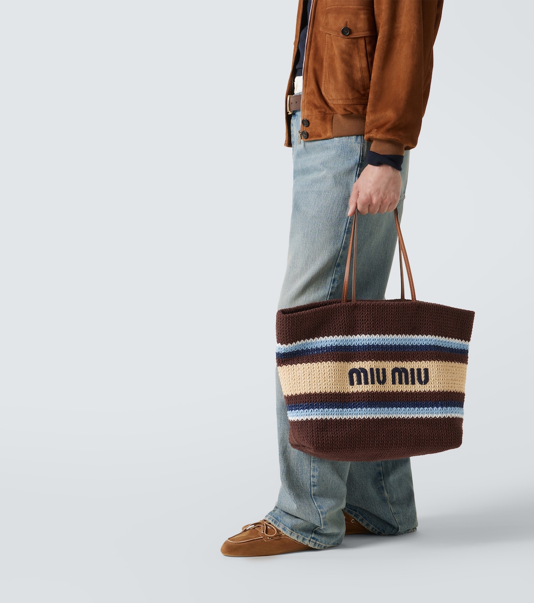 Logo striped raffia-effect shopper | Miu Miu